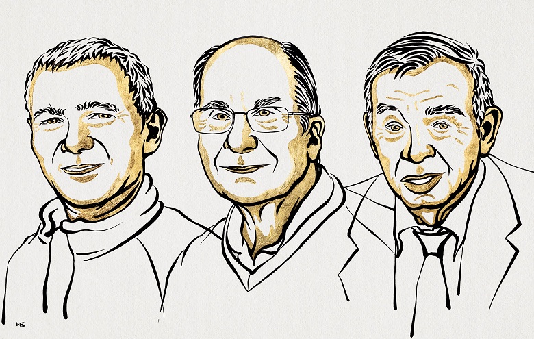 Crédit : Moungi Bawendi, Louis Brus et Alexei Ekimov. Prix Nobel de Chimie 2023. Ill. Niklas Elmehed © Nobel Prize Outreach.