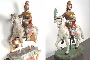 Statue équestre de saint Maurice avant et après consolidation et restauration. Crédit photos : Arc - Nucléart CEA Grenoble Zoom sur l'archéologie du bois : quelques exemples de conservation et de datations de bois archéologiques